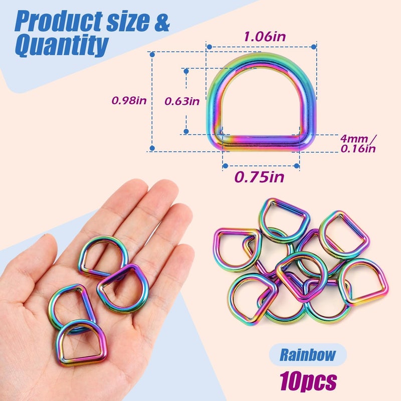 PECMER 20mm Rainbow D-ring Buckles-10 PCS Zinc Alloy D Rings 3/4 inch Metal D-Shape Buckle Clips-Non-welded Purse Hardware for Bag Making Webbing - Image 2
